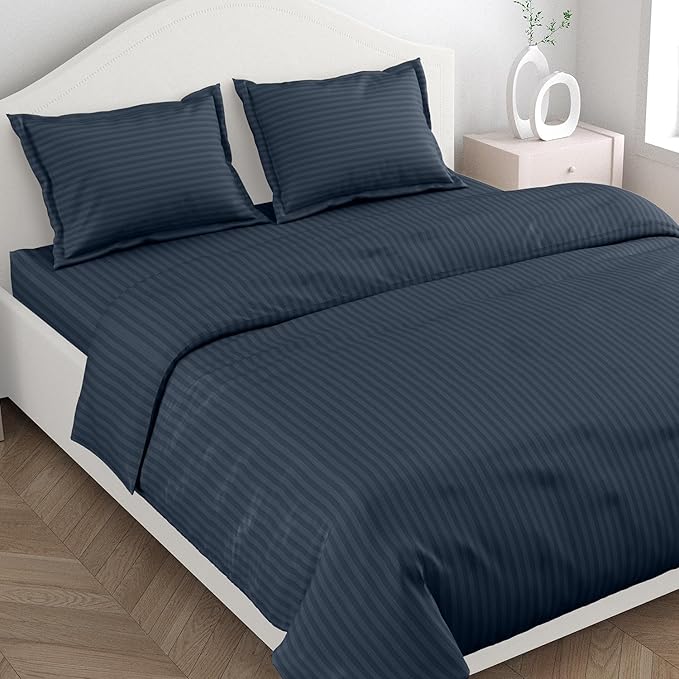 Haus & kinder Cotton 210 TC Satin Stripes King Size 2 Pillow Covers | Colour Navyblue