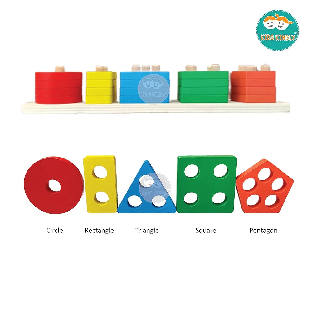 KIDS KINDLY Wooden Geometric Shape Sorter, 5 Column Set -20 Blocks, Stacking Puzzle for Kids, Birthday Gifts for Boys & Girls, Age 2+