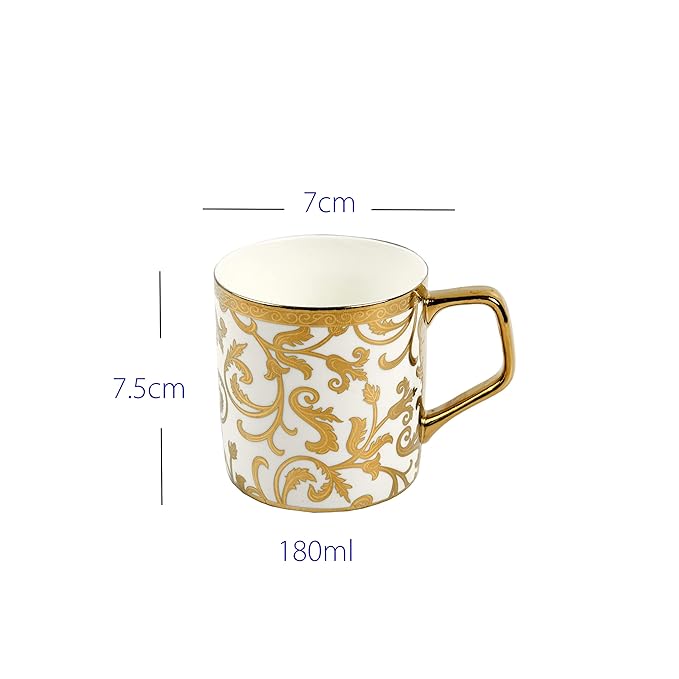 Femora Gloden Floral Motif Pattern Golden Tea Mugs, Ceramic | Coffee Mugs | 180 Ml | Golden | 6 Pcs Set | Not Microwave Safe