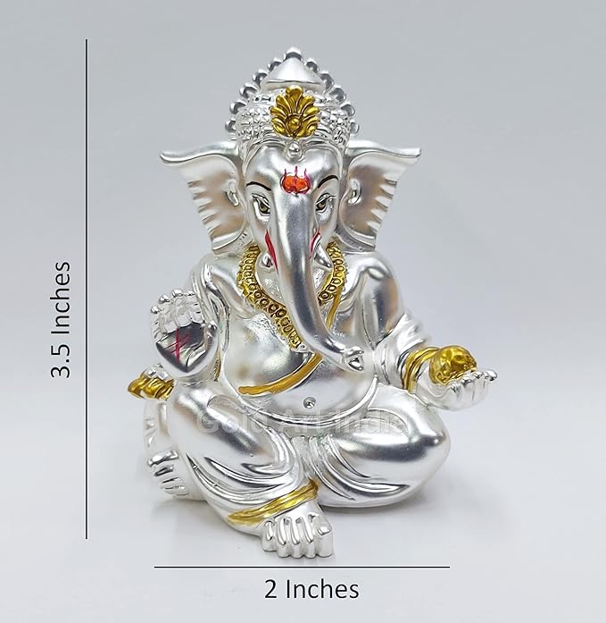 Gold Art India Matte Silver Plated Gaddi Ganesh Idol For Car Dashboard Small Ganesha Murti