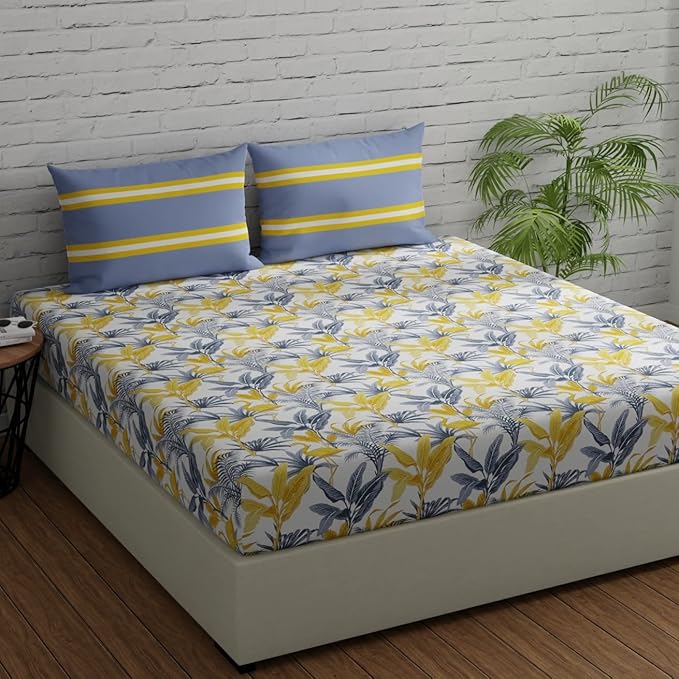 Huesland by Ahmedabad Cotton 144 TC King Size Bedsheet Cotton with 2 Pillow Covers | Flamingos & Stripes Grey & Yellow