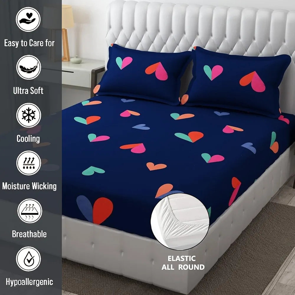 Fresh From Loom Soft Glace Cotton Fitted Bedsheet King Size Bed With Two Pillow Cover Elastic Fitted Solid Bed Sheets 144 TC Heart Blue