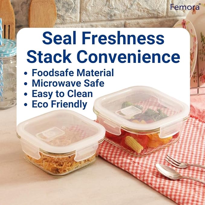 Femora Borosilicate Glass Containers for Kitchen | Storage Box for Kitchen With Air Vent Lid | Set of 3 |180 Ml