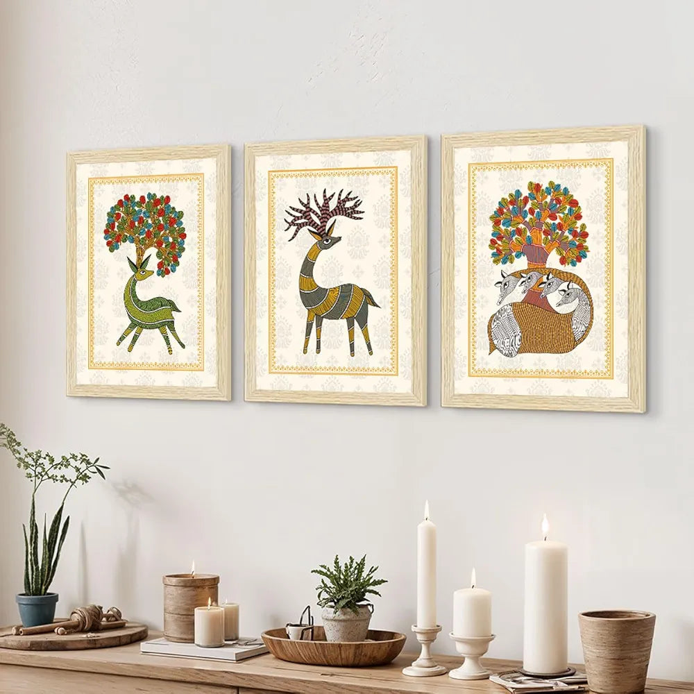 ArtX Paper Indian Gond Art Paintings with Frame Gond-SO6-02 Set of 6