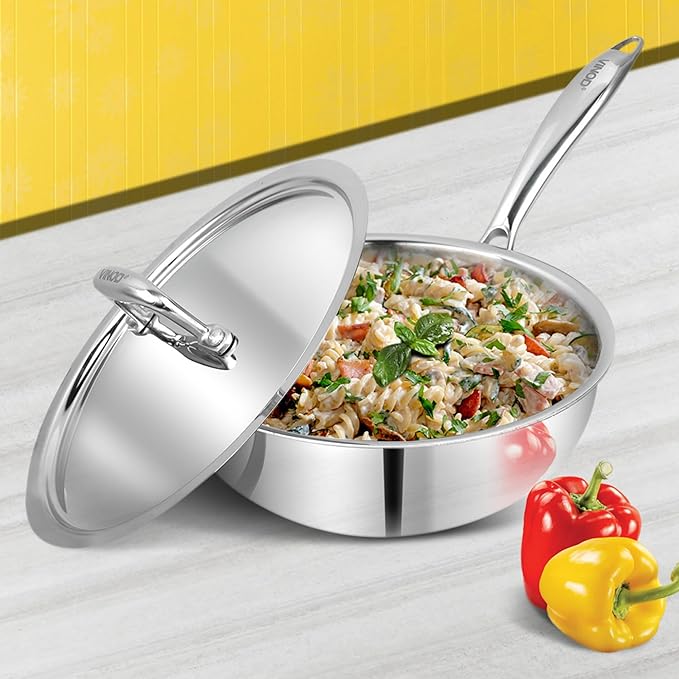 Vinod Platinum Triply Stainless Steel Frypan - 20cm | Deep Skillet Pan with Lid | Rivetted Study Handle | Induction & Gas Base