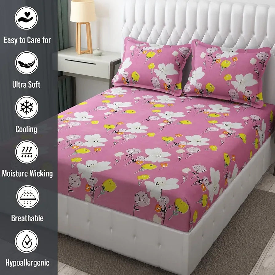 Fresh From Loom Floral Design Bed Spread With Pillow Covers Hypo-Allergenic Microfiber King Bedsheet For Double Bed Wrinkle Free Bedsheets Bedcover 144 TC Punch Pink