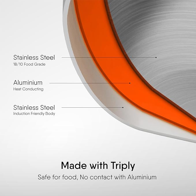 Stahl Artisan Triply Stainless Steel Tasla With Lid | Kadhai Without Handle | Induction & Gas Stove Compatible | 3.3 L | 26 Cm