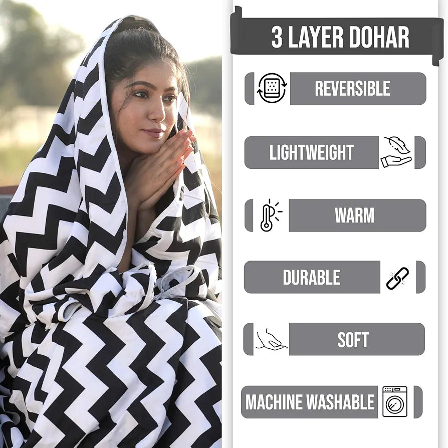 Divine Casa 120 GSM Microfiber Single Dohar Soft & Lightweight Throw Blanket All-Season Comfort Zig-Zag Pattern Raven Colour Black & White