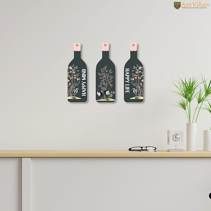 Artvibes Happy Mind Happy Life Wooden Wall Hanging for Home Decor | Decorative Mdf Wall Hanger Artwork | Set of 3