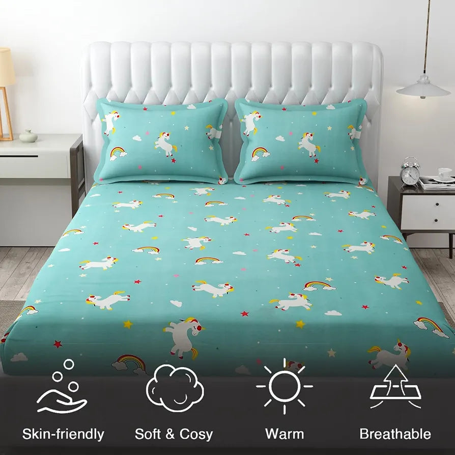 Fresh From Loom Cartoon Wrinkle Free Microfiber Bedsheet for Kids Multicolor 144 TC Teal