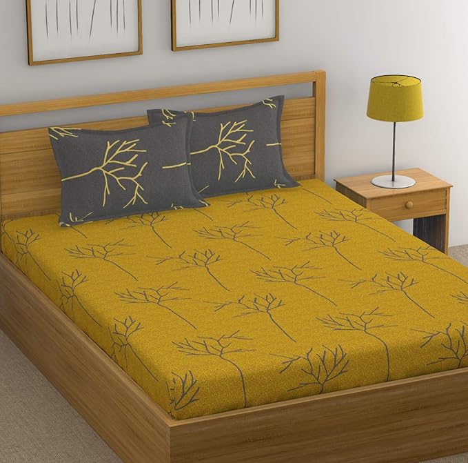 Huesland by Ahmedabad Cotton 144 TC Cotton King Size Bedsheet with 2 Pillow Covers - Yellow and Grey
