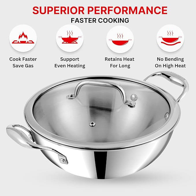 Vinod Platinum Triply Stainless Steel Extra Deep Kadai with Glass Lid 3.7 Litre (26 cm) | 2.5mm Thick | Kadai for Cooking