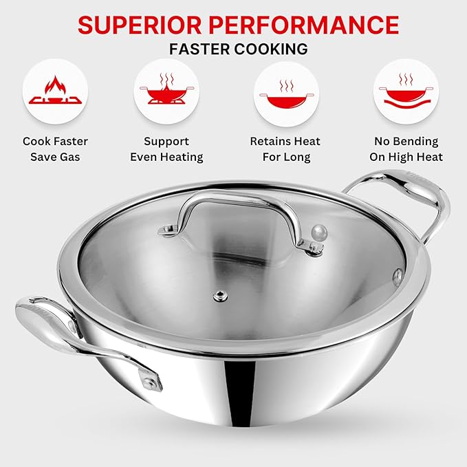 Vinod Platinum Triply Stainless Steel Extra Deep Kadai with Glass Lid 4.8 Litre (28 cm) | 2.5mm Thick | Kadai for Cooking