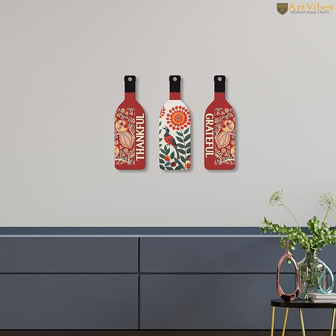 Artvibes Thankful Grateful Wooden Wall Hanging for Home Decor | Set of 3