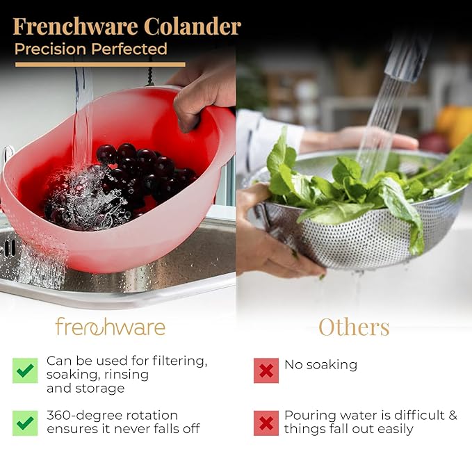 Frenchware 1 Unit Plastic Colander Bowl, Premium-grade Plastic, 100% Food Safe | Dishwasher Safe | Red Colour