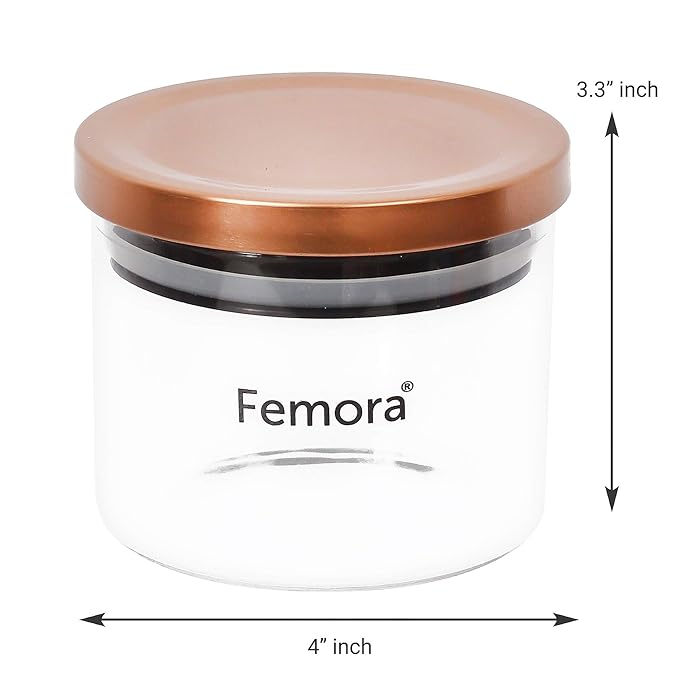 Femora Borosilicate Glass Jar With Golden Metallic Lid | Jars for Kitchen Storage | 300 Ml | Set of 3