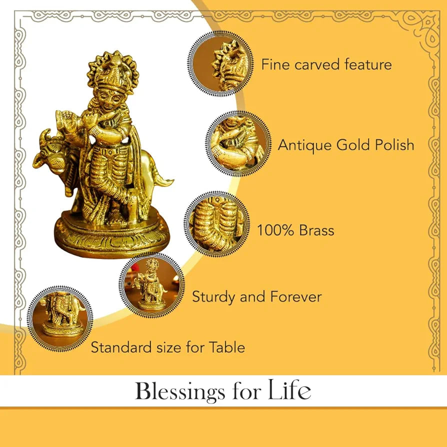 Ekhasa Pure Brass Lord Krishna Idol with Flute Shree Lord Krishna Statue Golden Krishna With Cow