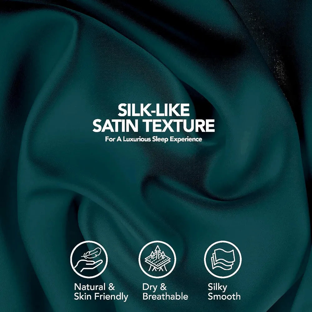 Cloth Fusion Satin Pillow Cover Set of 2 Pillow case with 3 Satin Soft Scrunchies Peacock Green