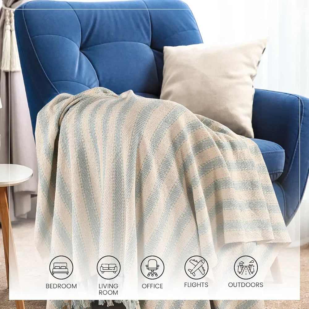 Sashaa World Striped Sofa Throw Medium with Tasselled Edges Colour Ice Blue