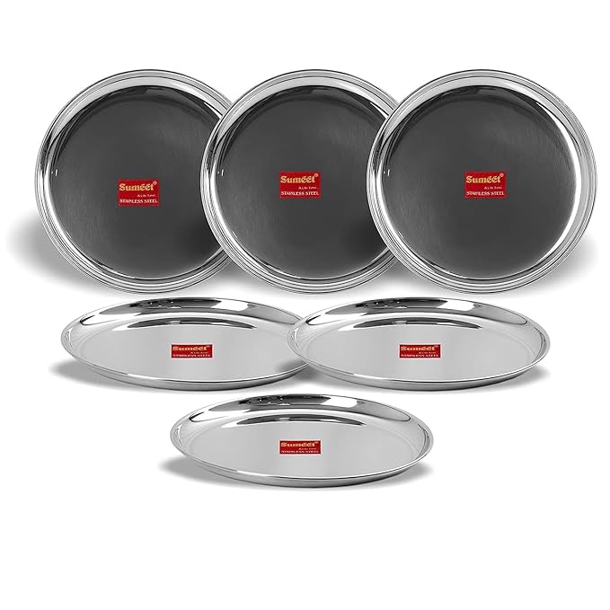 Sumeet Stainless Steel Heavy Gauge Shallow Salad Plates 28.3cm Set of 6pc