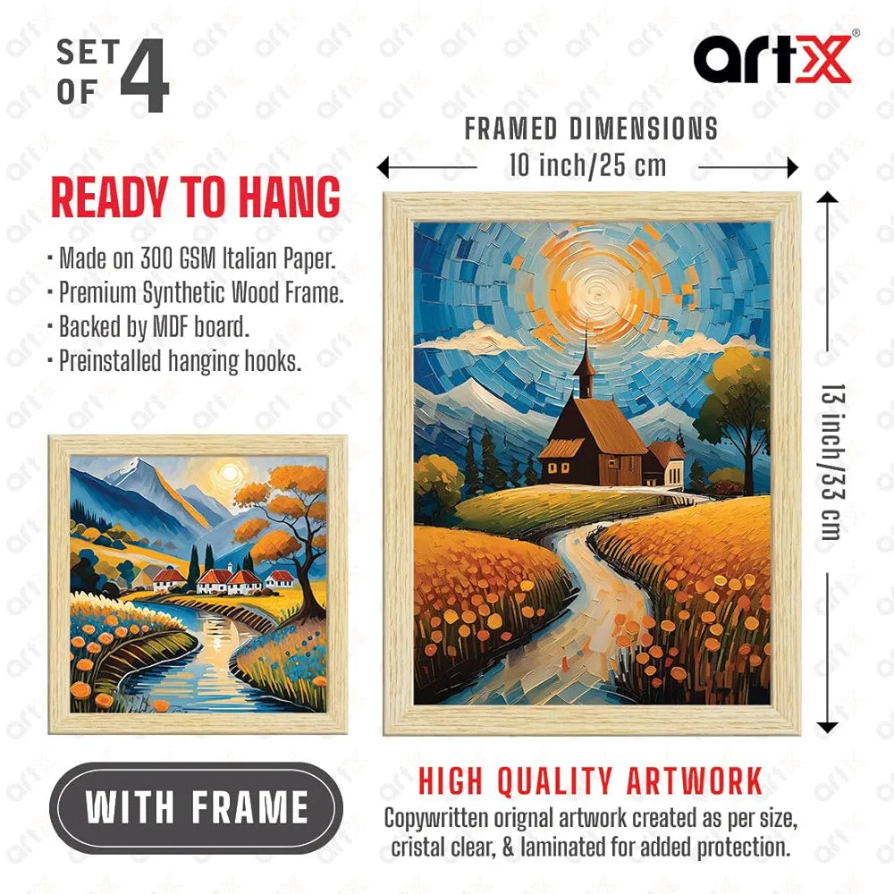 ArtX Paper Bohemian Village Sunrise Art Paintings with Frame Set of 4