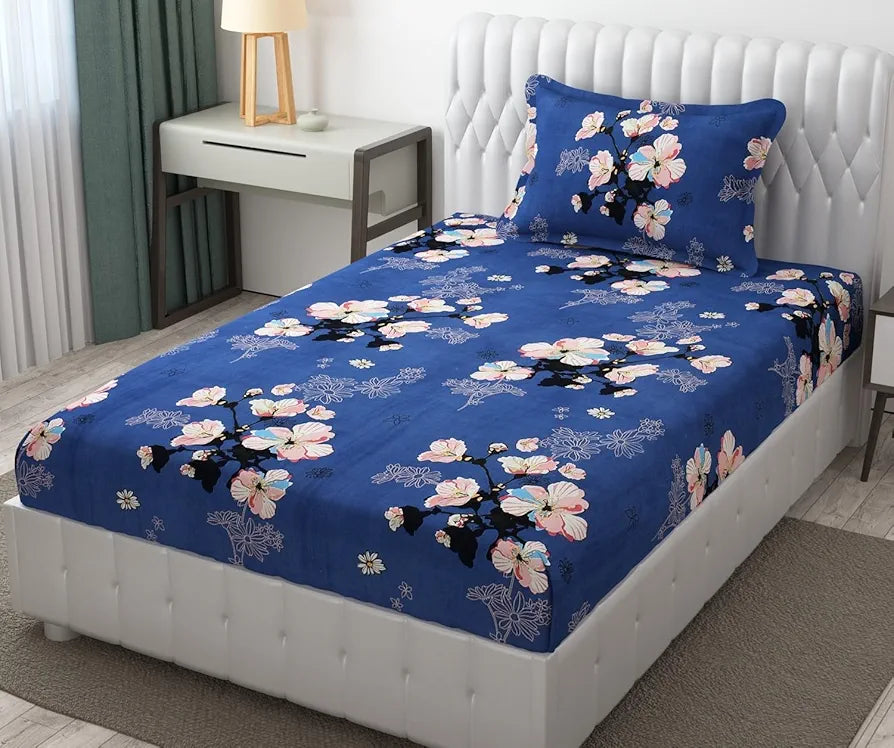 Fresh From Loom Single Size Microfiber Bedsheet Set Rotary Printed Hypoallergenic Wrinkle Free with 1 Pillow Covers Blue 144 TC