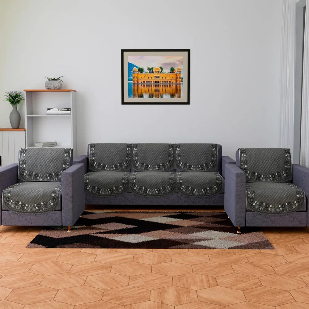 Kuber Industries Sofa Cover 5 Seater Cover Set Digital Painting Quilted for Hall Gray