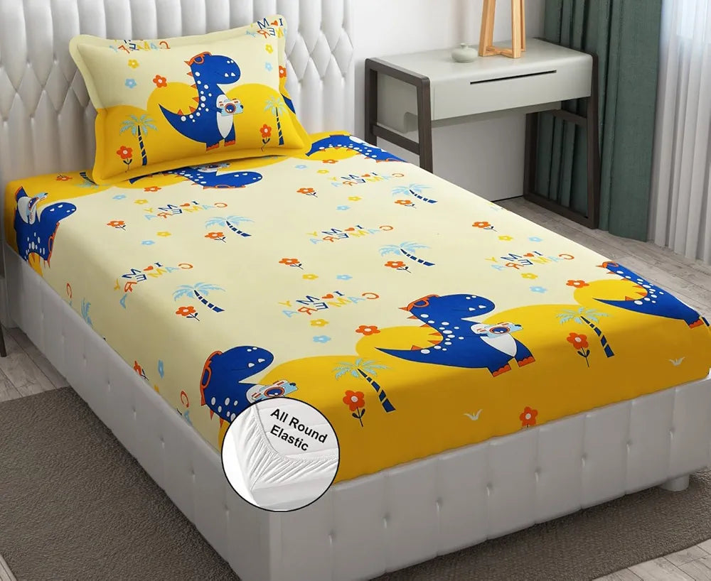 Fresh From Loom Elastic Fitted Bed Sheet Cartoon Printed Bedsheet for Kids 300 TC Multicolor Cream and Blue