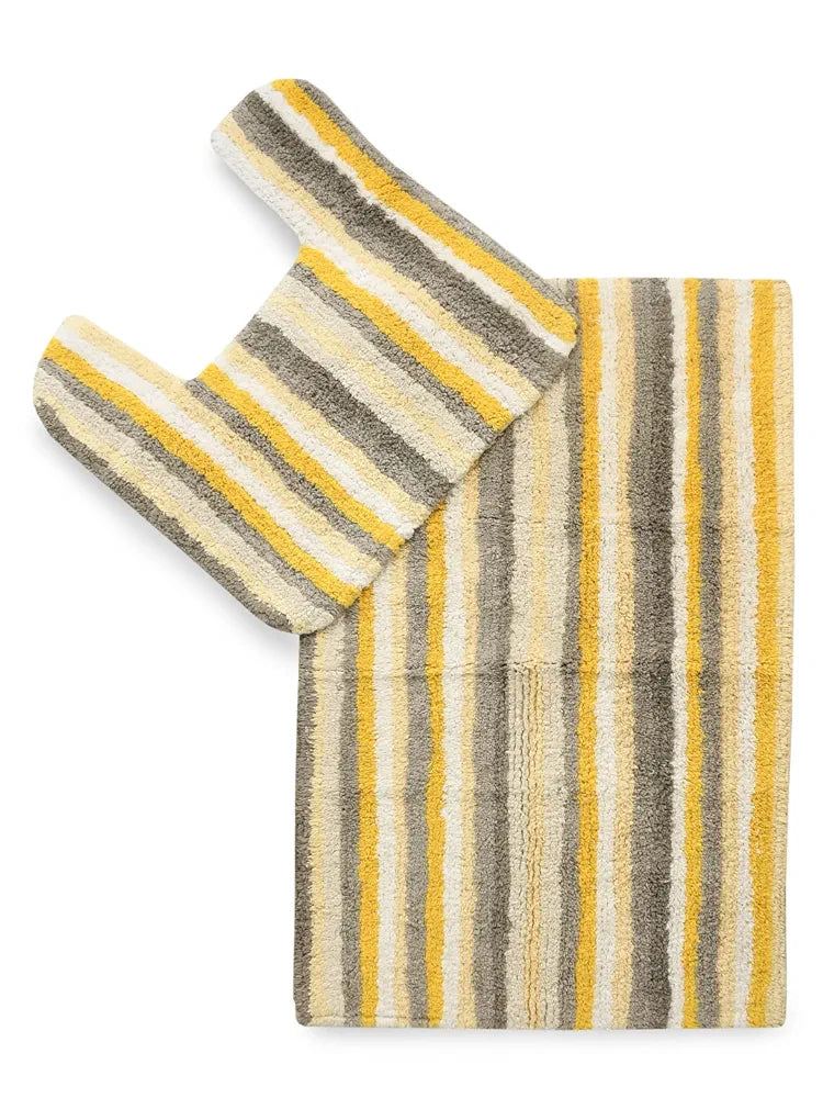 Sashaa World Striped Anti Skid Bathmat And Contour Set Colour Yellow White & Grey Stripe
