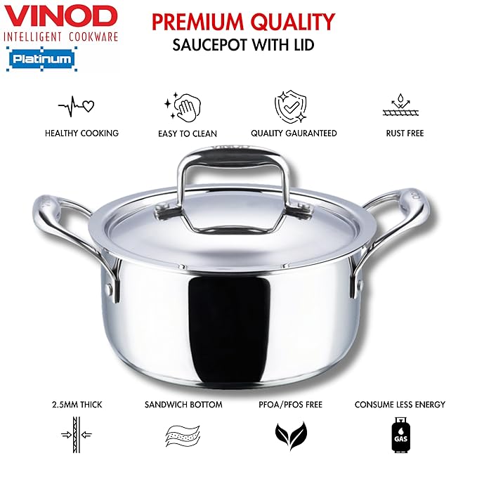 Vinod Platinum Triply Stainless Steel Saucepot with Lid - 1.8 Litre, 18 cm | 2.5mm Thick | SAS Bottom | Biryani Pot