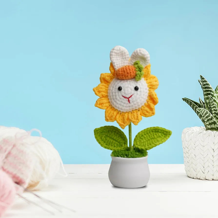 Crochet Flower Rabbit Sunflower With Pot. Artificial Handmade Knitted Flower Yellow