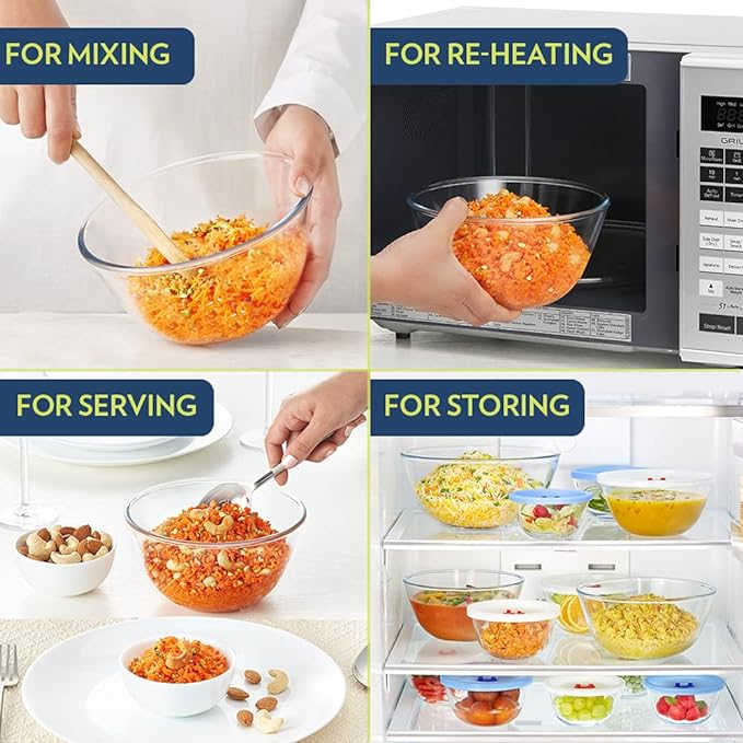 Borosil 350 ml Serving & Mixing Borosilicate Glass Bowl with White Lid | Multipurpose Bowl for Kitchen & Dinning