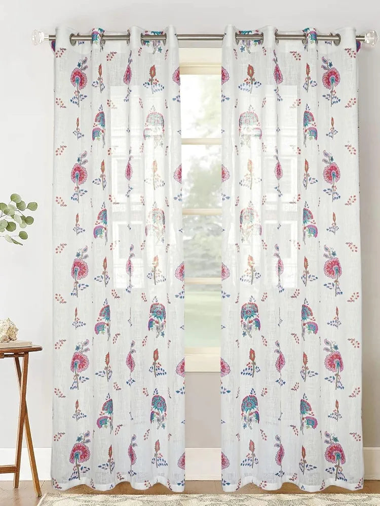 Homadorn Linen Sheer Printed Semi Transparent Curtains for Window Set of 2 Pink Flower