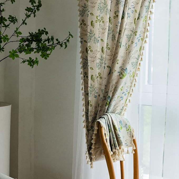Huesland Cotton Curtains for Windows, 5 Feet Long 1 Bohemian Eyelet Curtain | Green Leaf Floral