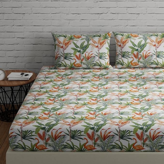 Huesland by Ahmedabad Cotton 144 TC Cotton Bedsheet for Double Bed King Size with 2 Pillow Covers | Flamingos Orange