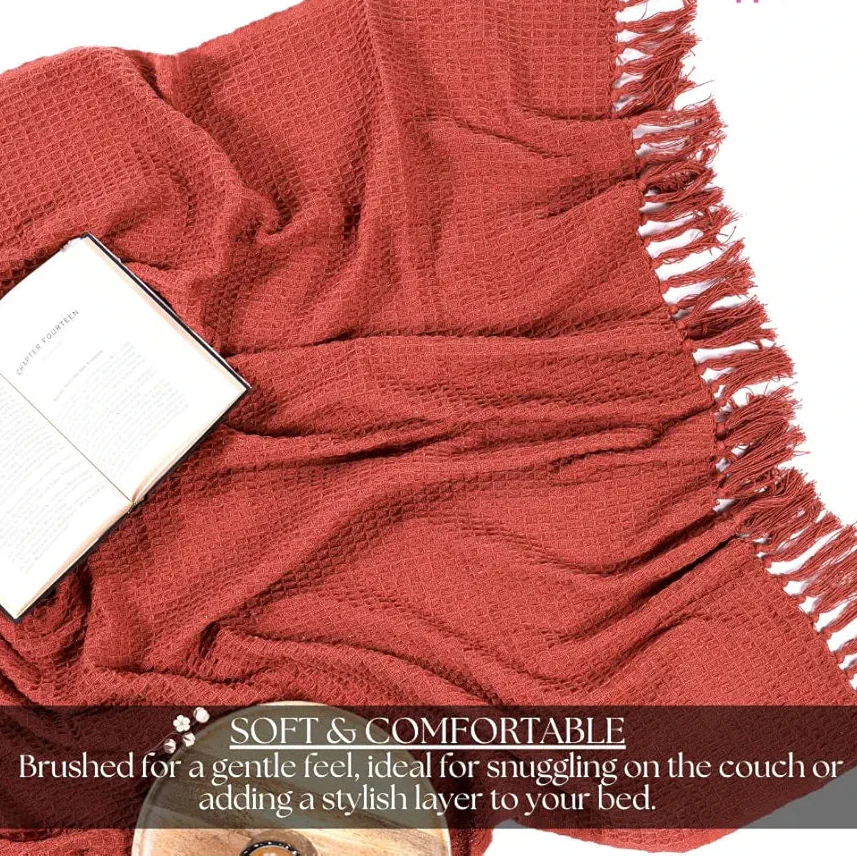 Homadorn Waffle Weave Cotton Throw Blanket Colour Rust