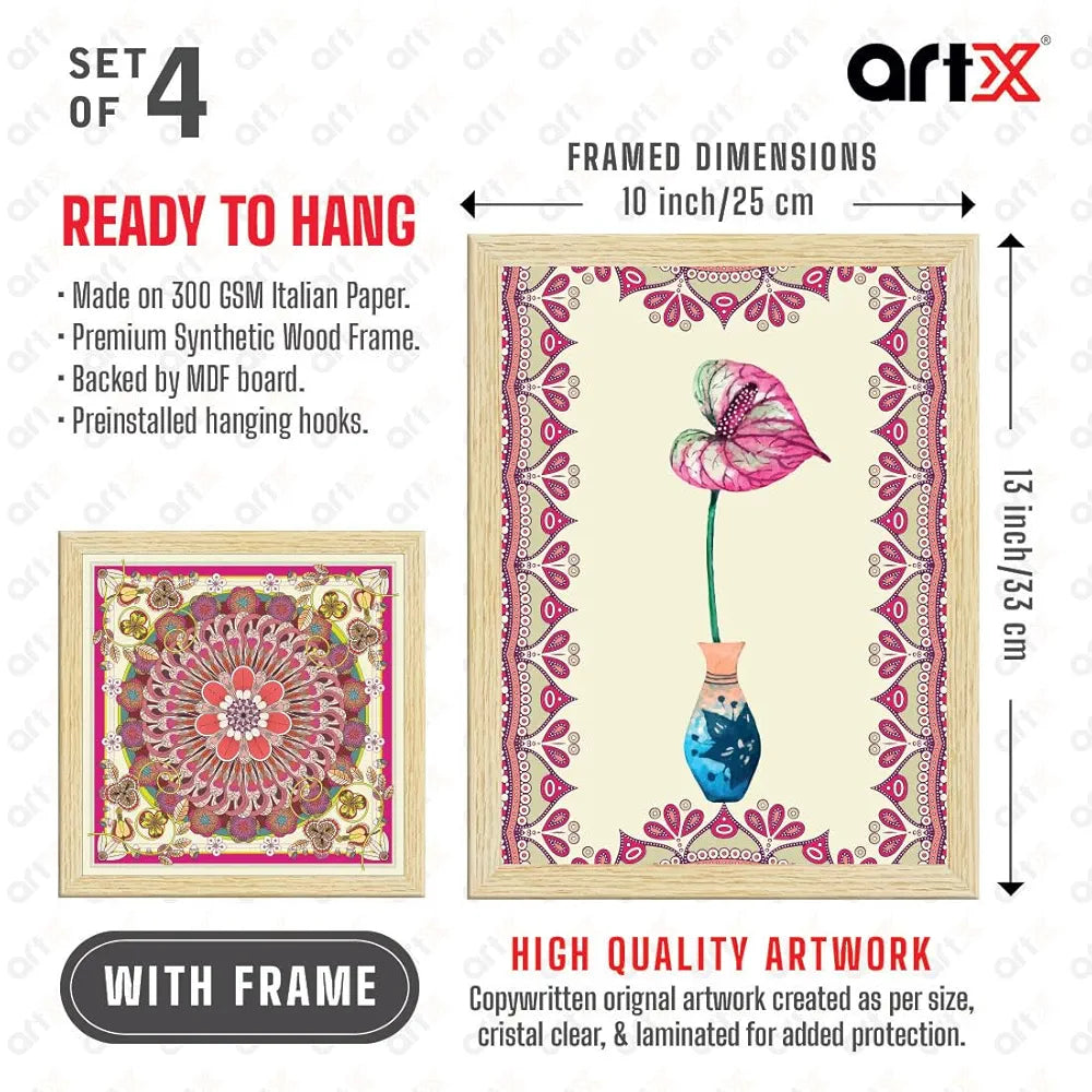 ArtX Paper Abstract Mandala Floral Big Wall Art Frame Painting Set of 4