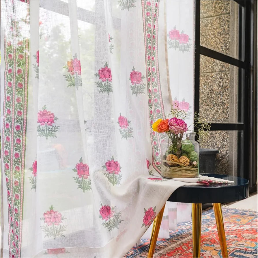Urban Space Printed Sheer Linen Curtains for Door Light Filtering Linen Textured Decorative Curtains with Eyelets and TieBack for Bedroom Set of 2 Curtains Modern Fire Glow Pink