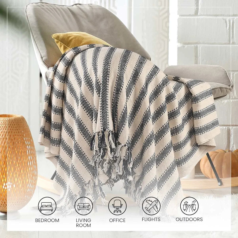 Sashaa World Striped Sofa Throw Medium with Tasselled Edges Colour Navy Striped