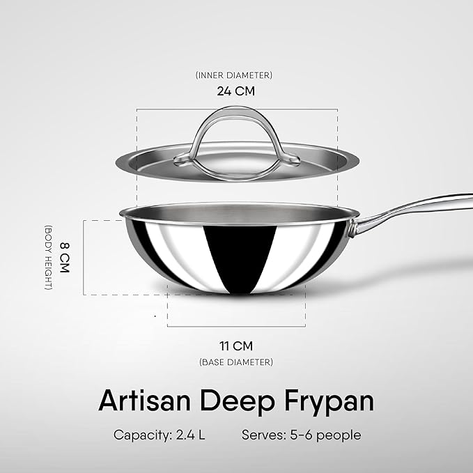 Stahl Artisan Triply Stainless Steel Wok With Lid | Deep Frypan Induction Base | Induction & Gas Stove Compatible | 2.4 L | 24 Cm
