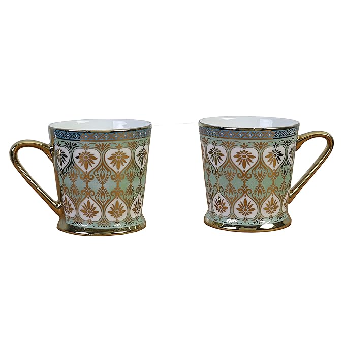 Femora Golden Leaves Pattern Golden Tea Mugs, Ceramic Tea Cups, Coffee Mugs | 160 Ml | Golden | 6 Pcs Set | Not Microwave Safe