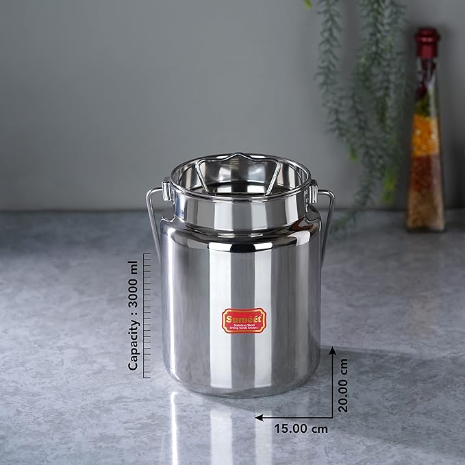 Sumeet Stainless Steel Akhand Jointless Milk Pot with Lid 3000 ml Capacity 15Cm Silver