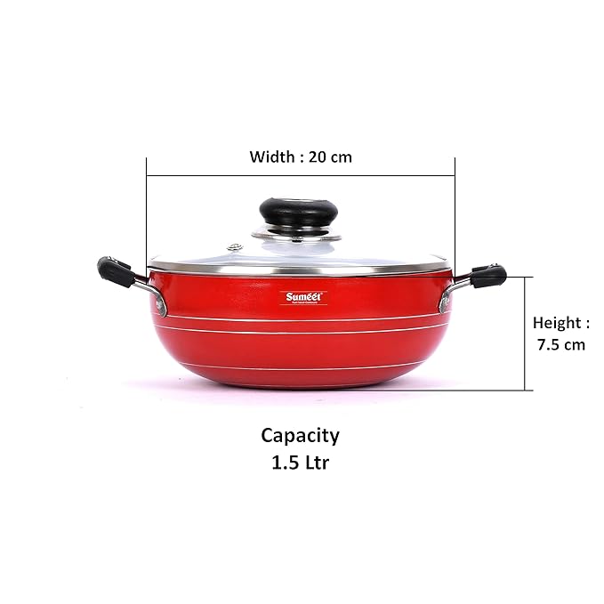 Sumeet 2.6mm Non Stick Glasso Deep Kadhai with Glass Lid1.5 Ltr - 20cm Dia (Red)