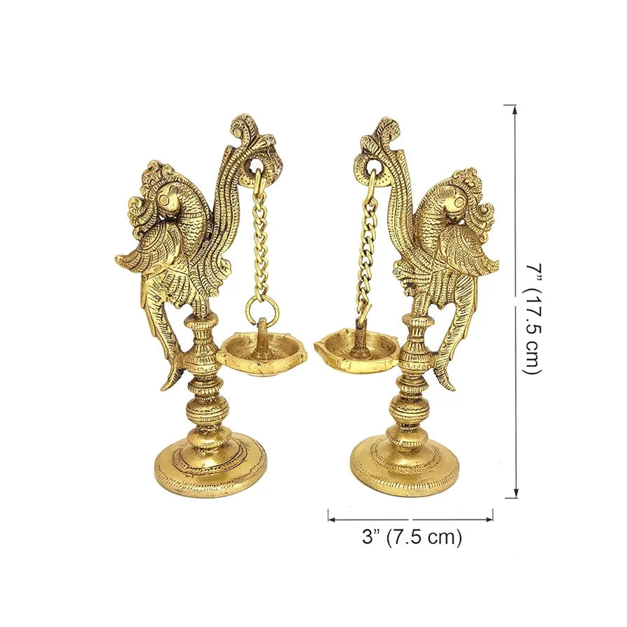 Two Moustaches 7 Inches Peacock on Pillar Design Brass Diya Pair