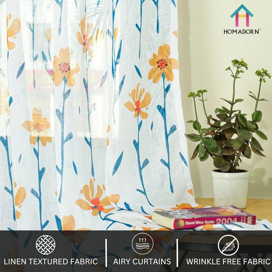 Homadorn Linen Sheer Printed Semi Transparent Curtains for Window Set of 2 Colour Yellow Sunshine