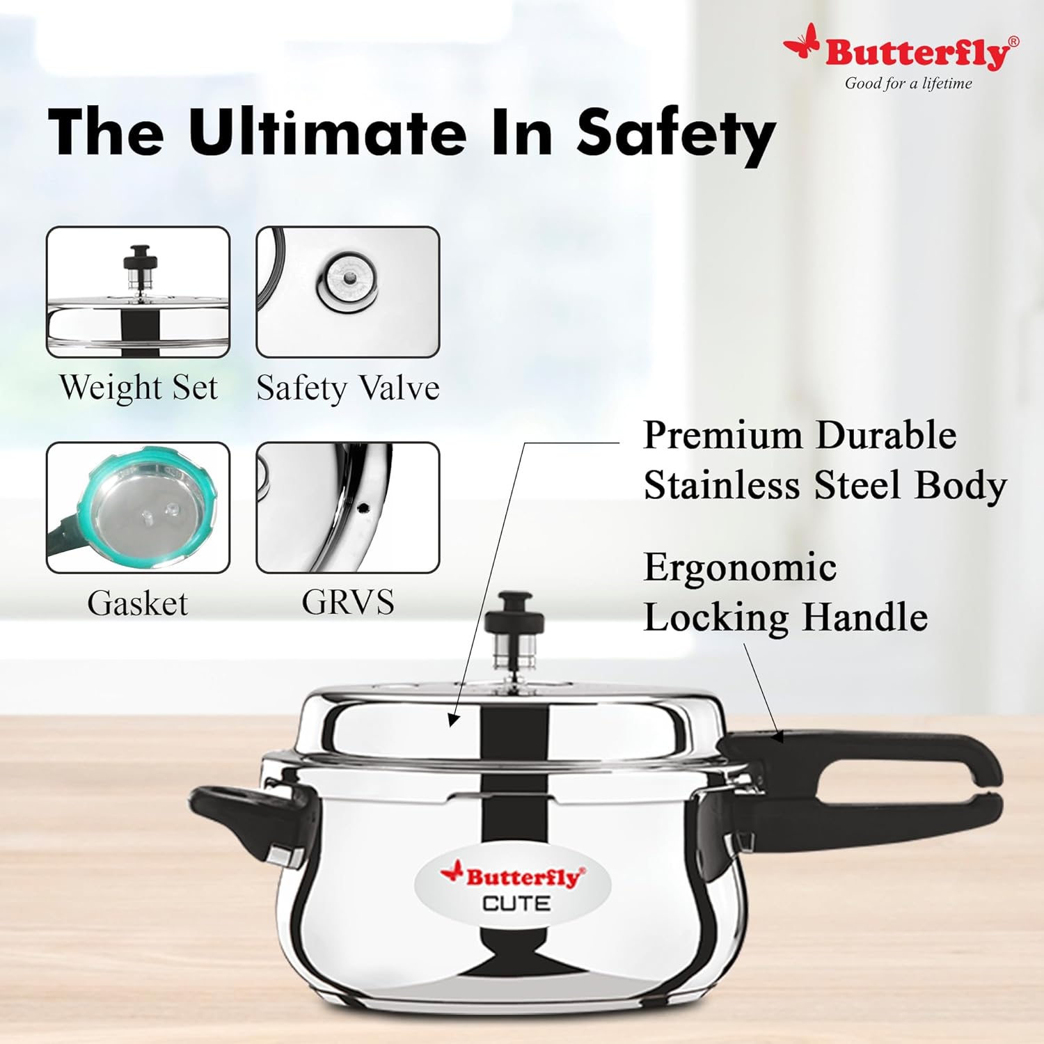 Butterfly Cute Ss Induction Compatible Outer Lid Stainless Steel Pressure Cooker With Glass Lid 3 Liter | Silver
