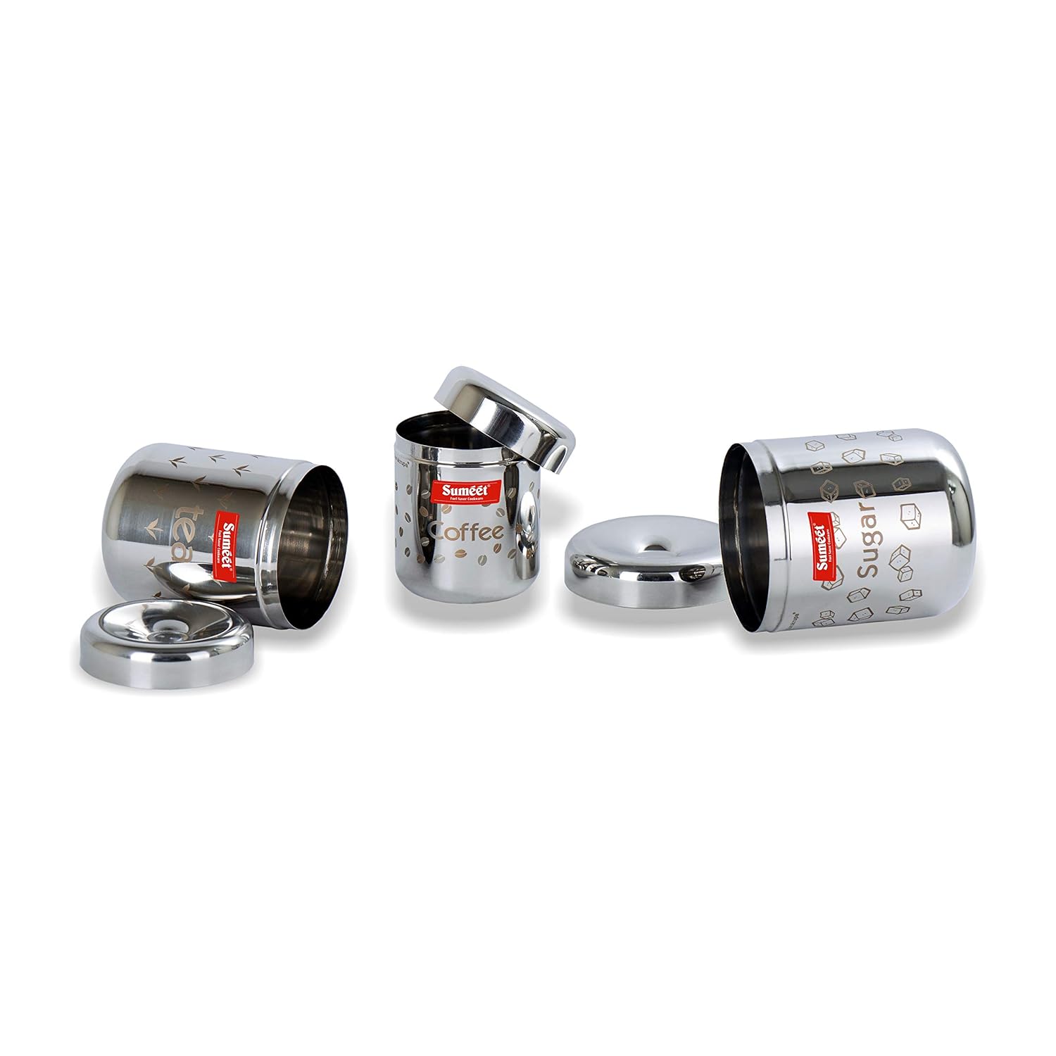 Sumeet Stainless steel Laser printed Tea|Cofee|Sugar Canisters Set of 3 Pcs