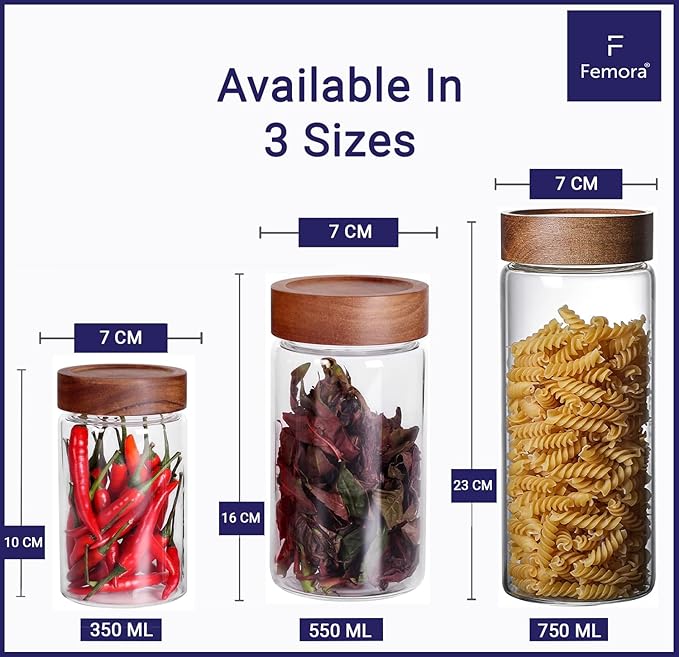 Femora Kitchen Storage Jars Borosilicate Glass With Wooden Lid Air Tight Jar | 350 Ml | Pack of 6 | Transparent