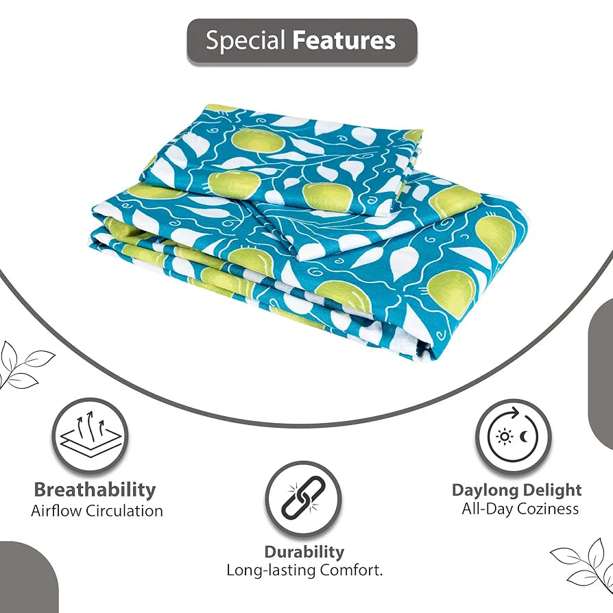 Divine Casa 144 TC 100% Cotton Bedsheet for Double Bed with 2 Pillow Cover Colour Teal & Yellow