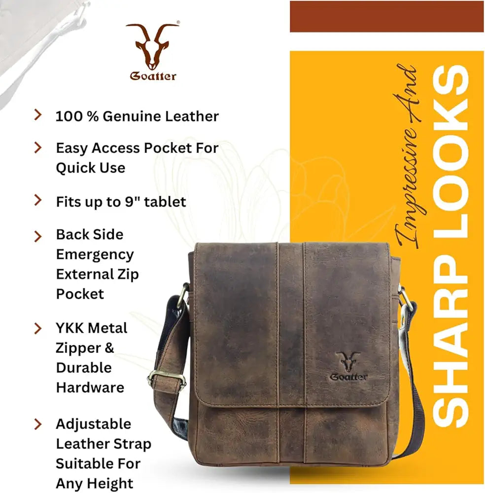 Goatter Genuine Leather Unisex Faster 9.5 Inch Messenger Bag  Gtht-03 - Brown